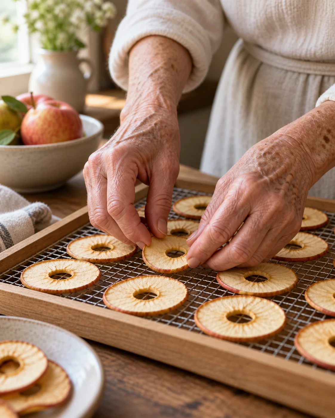 Sehr alte Hände legen Apfelringe auf ein Dörrgitter – symbolisch für Astrids Mutter